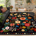 Floral 6x9 Area Rug Machine Washable Soft Print Boho Carpet Non Slip Doormat Low Pile Flower Area Rugs for Living Room Bedroom Nursery Kitchen Dining Room Indoor-Black