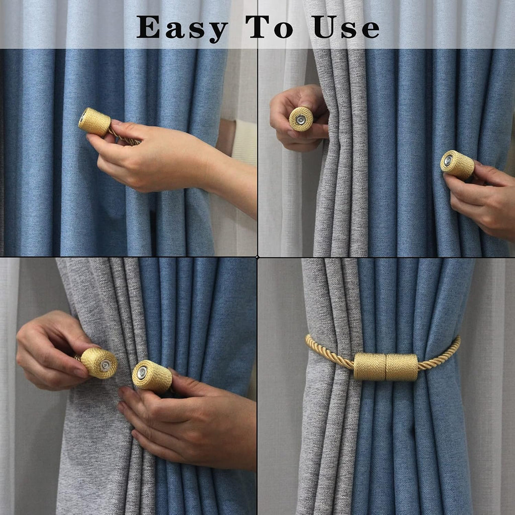 2 Pack Strong Magnetic Curtain Tiebacks Outdoor Elegant Decorative Tie Backs Modern Rope Tiebacks for Drapes Window Curtain Holdbacks for Draperies- Gold