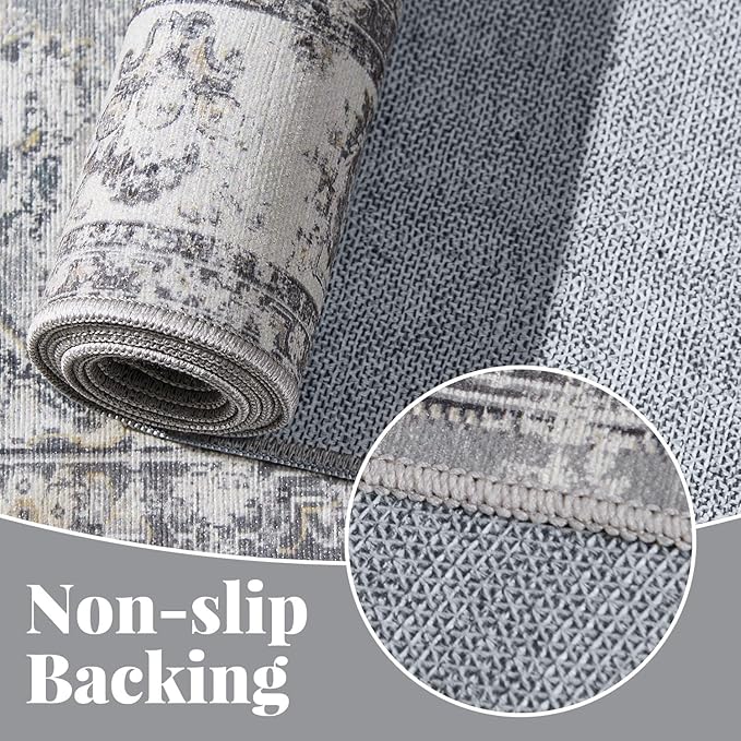 jinchan Floral 3x5 Area Rugs for Entryway - Machine Washable Taupe Vintage Distressed Design Doormat Non-Slip Ultra-Thin Low Pile Boho Rug for Kitchen Living Room Bedroom Farmhouse (3‘x5',Grey)