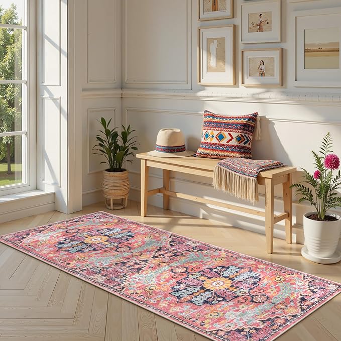 Lahome Bohemian Floral Medallion Runner Rug - 2'8"x8' Hot Pink Hallway Rug Runner, Soft Machine Washable Non-Slip Bedside Mat Cute Indoor Carpet for Kitchen Entryway Chair, Fuchsia/Multi