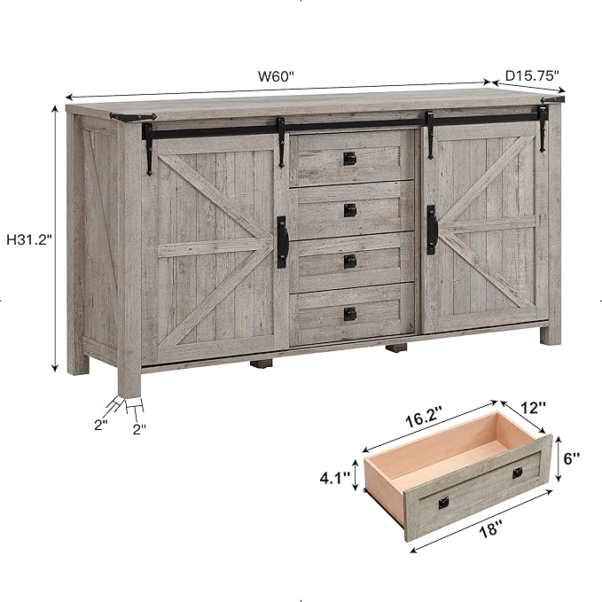 T4TREAM 60'' Farmhouse Dresser Chests for Bedroom w/4 Drawers & Sliding Barn Doors, Tall Chest of Drawers, Rustic Dresser TV Stand,Organizer for Bedroom, Living Room, Light Rustic Oak