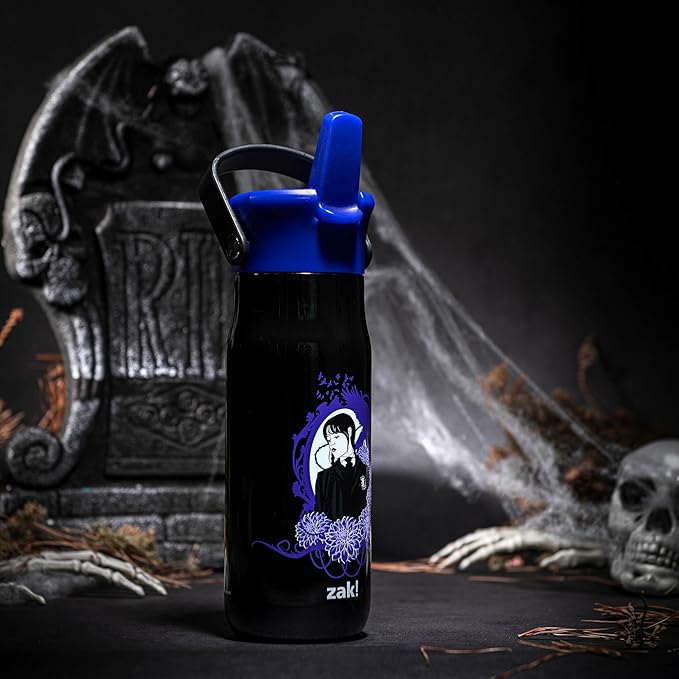 Zak Designs Harmony Wednesday Water Bottle for Travel or At Home, 20oz Recycled Stainless Steel is Leak-Proof When Closed and Vacuum Insulated with Straw Lid and Carry Handle (Wednesday Addams)
