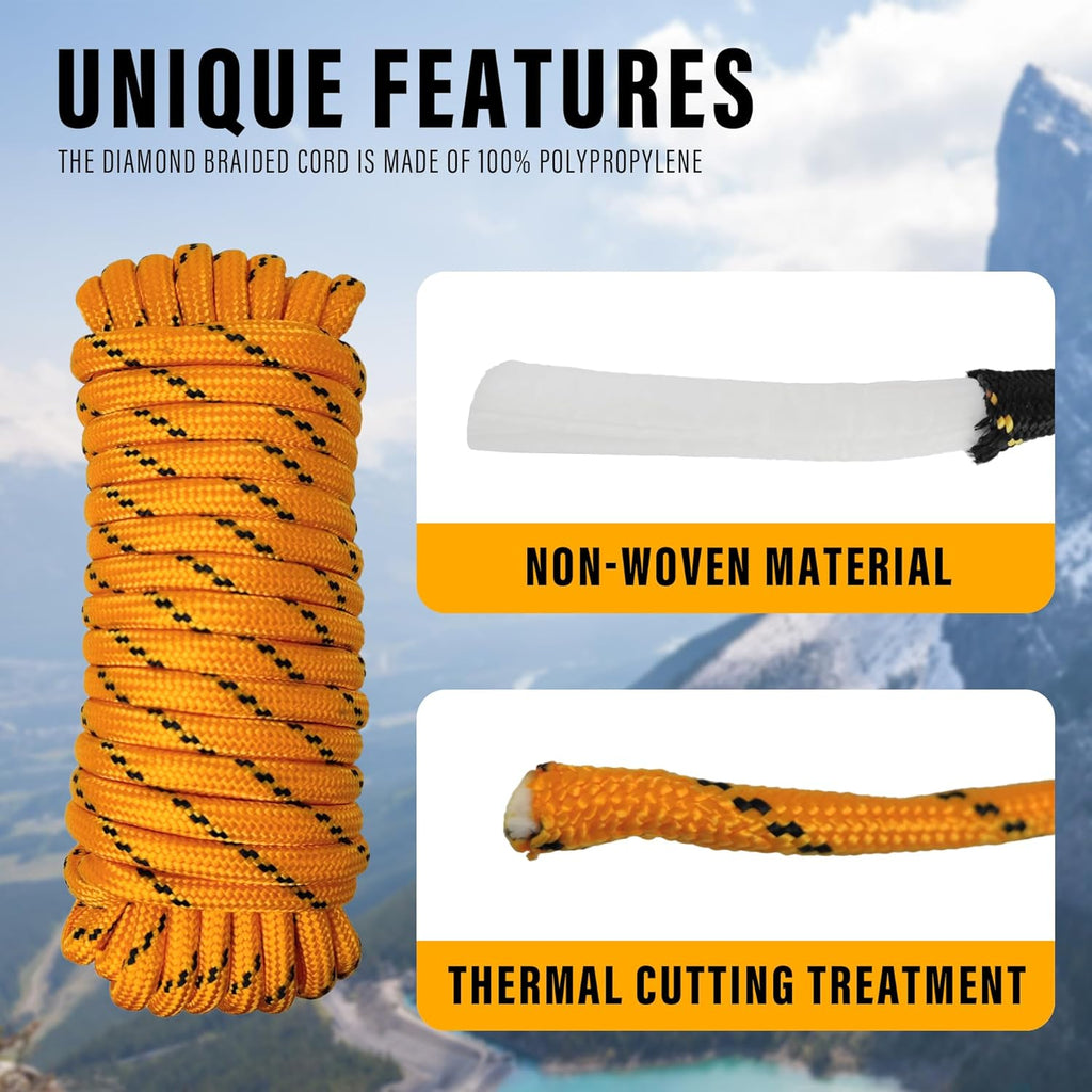 Diamond Braided Polypropylene Rope Nylon Rope Mix Thick Heavy Duty Ropes 1/2 inch 100ft High Strength Perfect for Clothesrope Camping Hiking and Other Outdoor Activities Orange 100ft