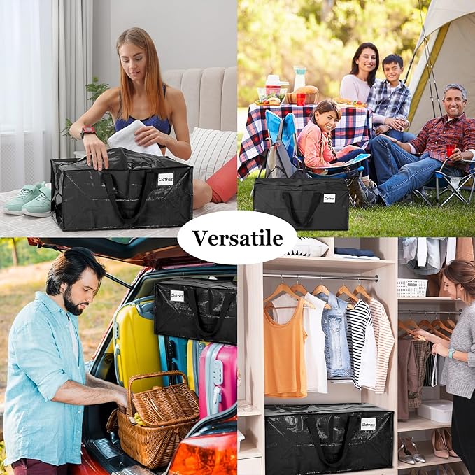 4 Pcs 24 Gallon Large Moving Bags with Zipper and Handles Foldable Storage Duffle Bags Heavy Duty Extra Large Totes for College Dorm Travel Clothes Blankets Bedding Moving (Black)