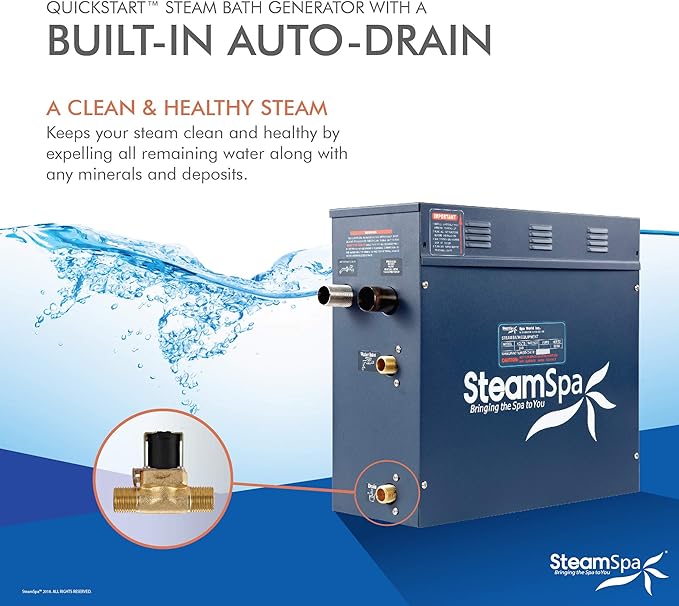 SteamSpa 6kW Quickstart ACU-Steam Bath Generator, Touch Pad Control Panel, Steamhead, Pressure Relief Valve, LED Light, Filter, Built in Auto Drain and Plumber Ready Quick Install Kit EXT600BN-A