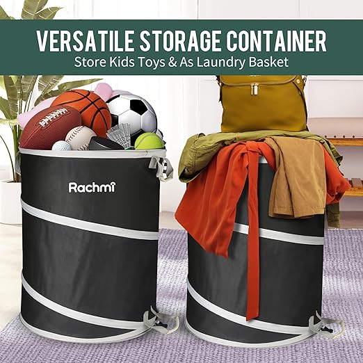 Rachmi 40 Gallon Collapsible Trash Can 2-Pack | Reusable Outdoor Pop-Up Yard Waste Leaf Bag Garden Garbage Bin for Camping, Black