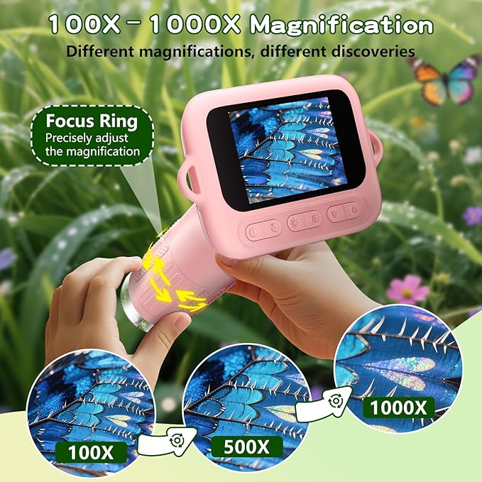 Microscope for Kids with 12 Slides, 100X-1000X 1080P Digital Handheld Kids Microscope, Mini Portable Pocket Miniscope Science Toys Gifts for 3+ 4 5 6 7 8 9 10 11 12 Year Old Boys Girls, Pink