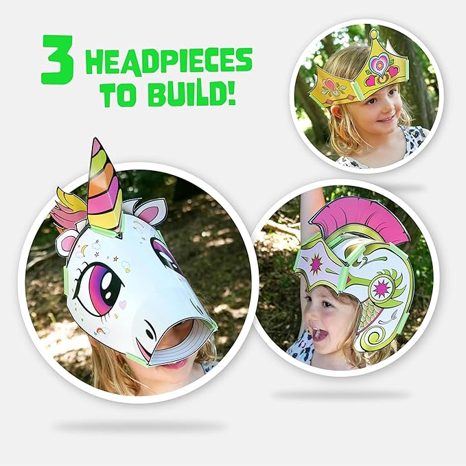 JUNKO Create Your Own Unicorn, Princess Crown & Warrior Helmet | Build and Color Paper Craft Kit for Girls | Ages 6-10