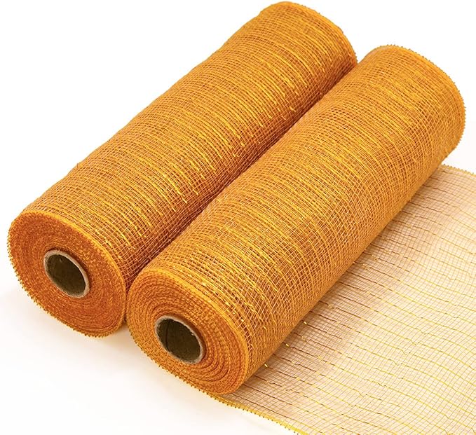 Koopi Deco Mesh 10 inch x 30 Foot Each Roll, Set of 2 Gold/Brown with Gold Metallic Foil Poly Mesh Ribbons for Wreaths, Swags, Craft, Party and Decorating Supplies- 2 Rolls