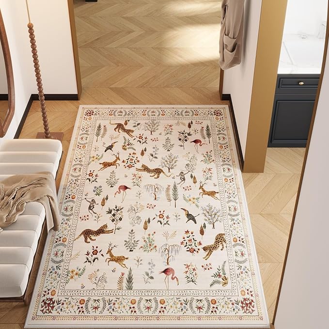 Rugcomf Area Rug 4x6 Rug Washable Boho Rugs Non Slip Low Pile Floral Animal Small Carpet for Bedroom, Bedside, Kids Room, Office, Dining Room (Beige)