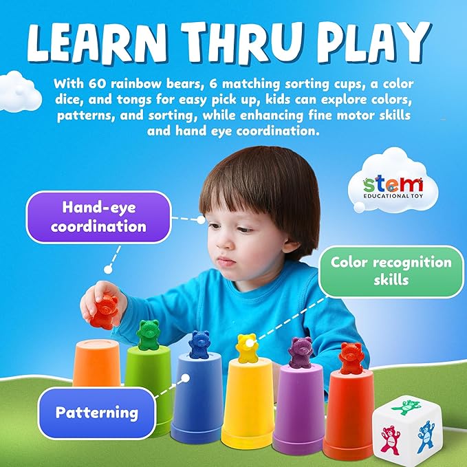 Skoolzy Counting Bears Set - 70 Pc Color Sorting Sensory Toys for Toddlers 3-4 - Montessori Toys for 3 Year Old - Autism Toys for Toddlers 3-4 - Color Sorting Toys for Toddlers Learning + Education