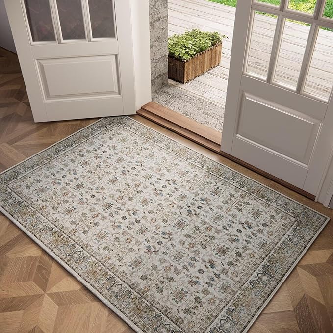 Washable 3x5 Entryway Rug Indoor, Boho Non-Slip Silicone Backing Small Rugs for Kitchen Nursery Office Bedroom, 0.3" Neutral Oriental Throw Carpet with 0.16" Cushioning Pad, Cream/Multi