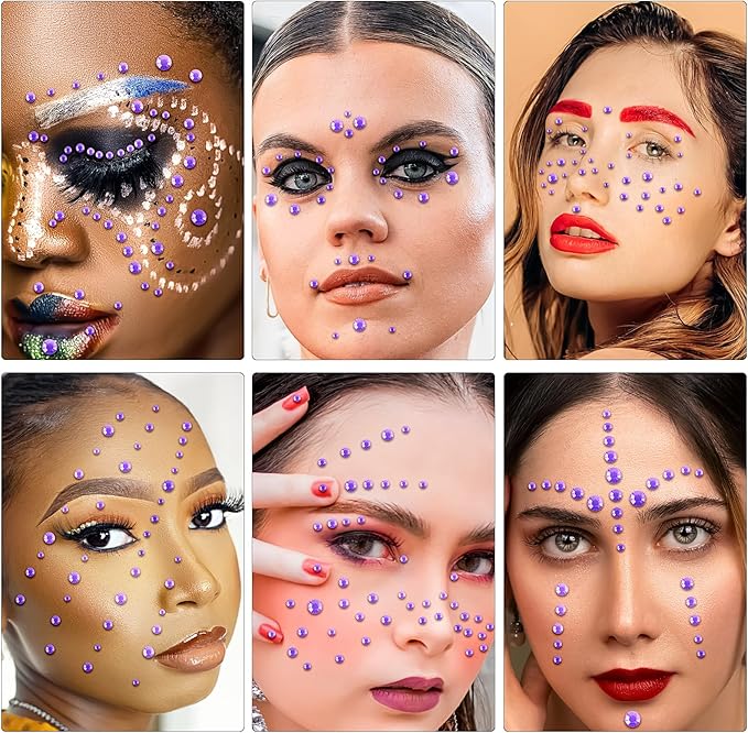 Self Adhesive Face Gems and Pearls for Makeup, Festival Jewels, Hair Gems Pearls, 3/4/5/6/8 mm Round Rhinestone Stickers for Face, Eye, Makeup, Body, Crafts 591Pcs (18_Light Purple)