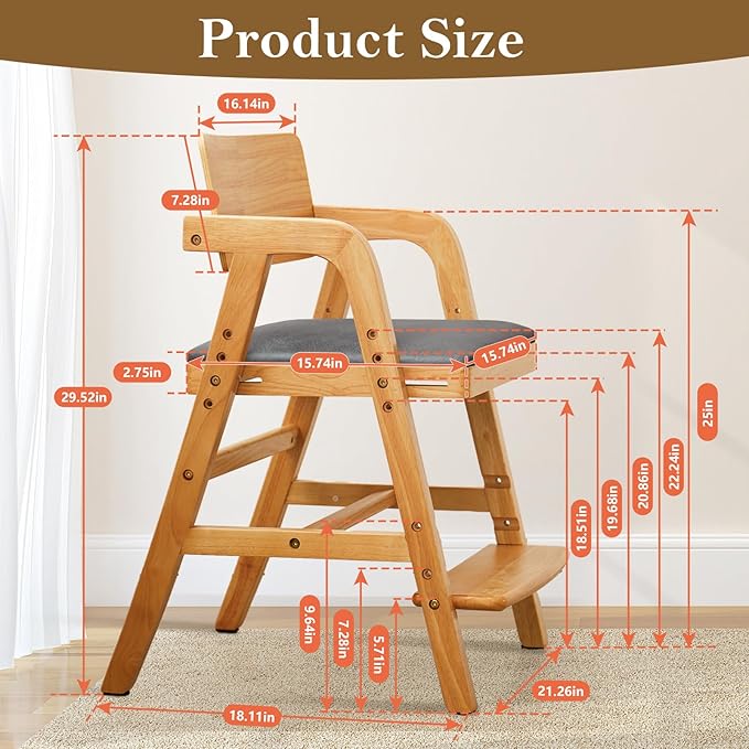 Solid Wood High Chair for Toddlers to Teens, Adjustable Height Toddler Dining Chair, Easy to Clean Toddler Highchair with Removable PU Cushion for Dining, Studying, Step Tool, Natural