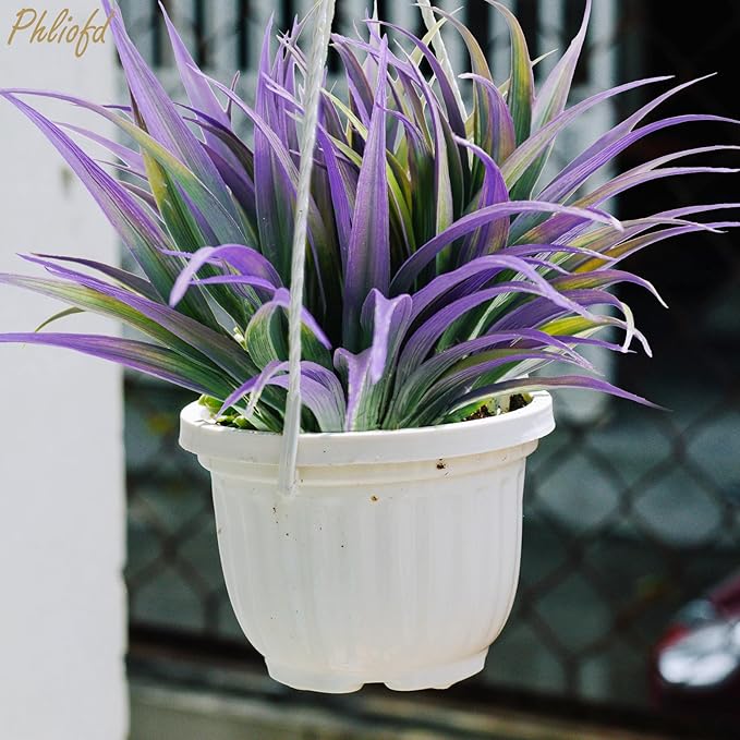 6Pcs Artificial Grass Fake Plants 17.3in Outdoor Plants UV Resistant Faux Greenery Stems Fake Grass for Home Window Garden Office Patio Pathway Front Porch Halloween Décor Green & Purple