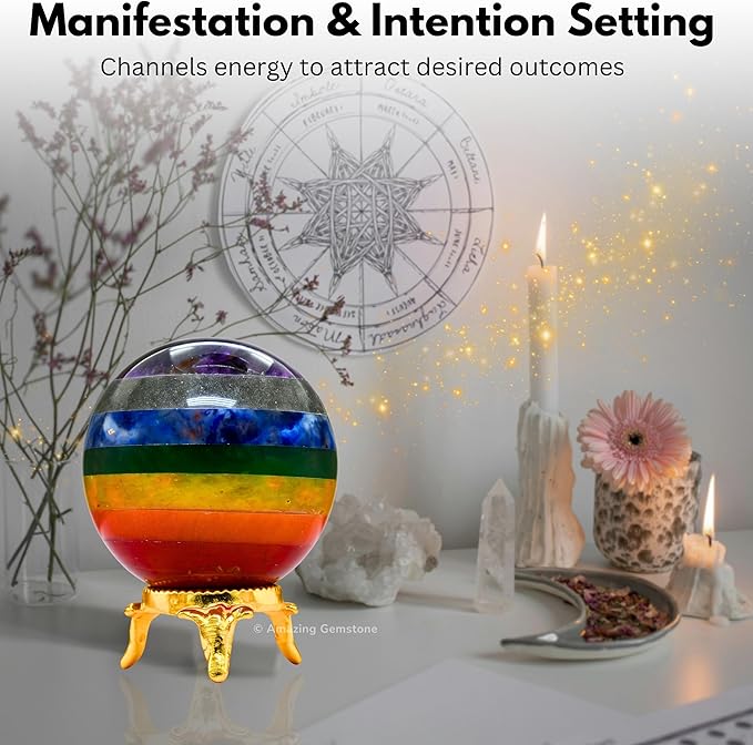 Amazing Gemstone Chakra Crystal Ball with Stand - 2 Inches Crystal Sphere Meditation Balls for Witchcraft and Decorative Balls