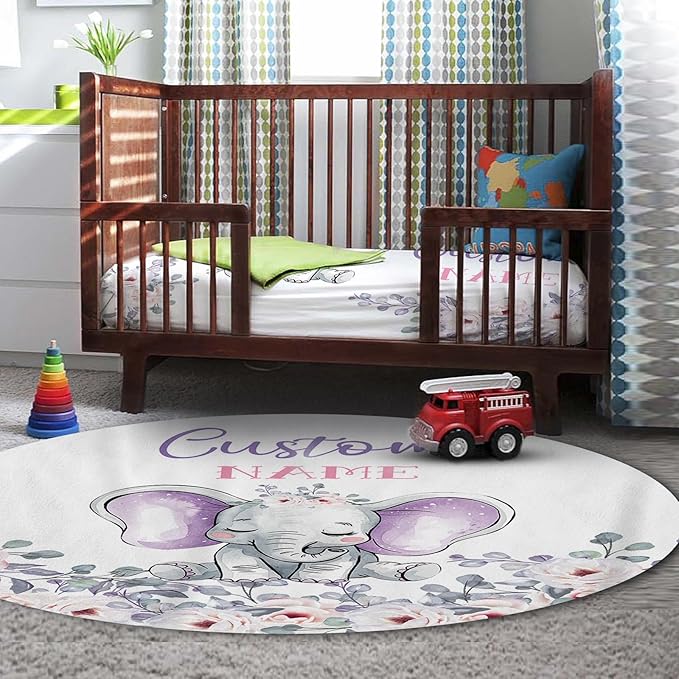 Personalized Baby Crib Bedding Set for Baby Girls, Light Purple Elephant Pattern Custom Name Baby Crib Sets 5-Pcs, Toddler Double Layer Blanket Fitted Sheets Changing Pad Cover Rug Wall Art Set