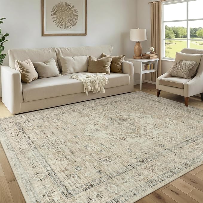 LIVEBOX Washable Area Rug 6x9 Rugs for Living Room Dining Room Under Table, Non-Slip Boho Neutral Carpet for Bedroom, Low-Pile Farmhouse Soft Carpets for Nursery Room Playroom, Tan