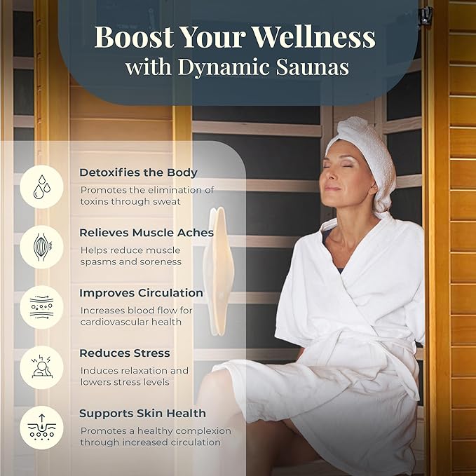 Dynamic Saunas Andora 2-Person Low EMF FAR Infrared Sauna with Red Light Therapy & Bluetooth Speakers | Personal Indoor Dry Heat Sauna for Home & Gym – Made from Canadian Hemlock