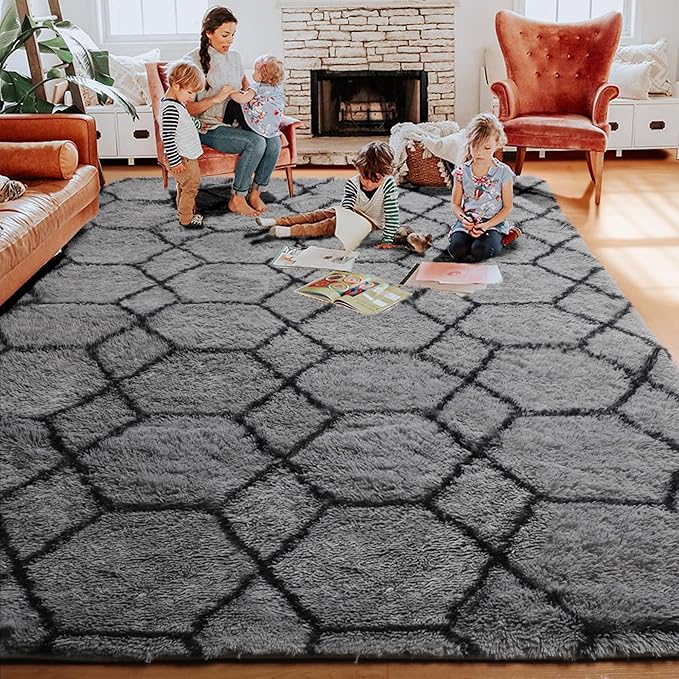 ONASAR 5x7 Area Rugs for Living Room Bedroom, Washable Fluffy Grey and Black Throw Rug, Geometric Boho Soft Plush Shaggy Floor Carpet for Nursery Kids Girls Boys Teen Dorm Home Decor Aesthetic