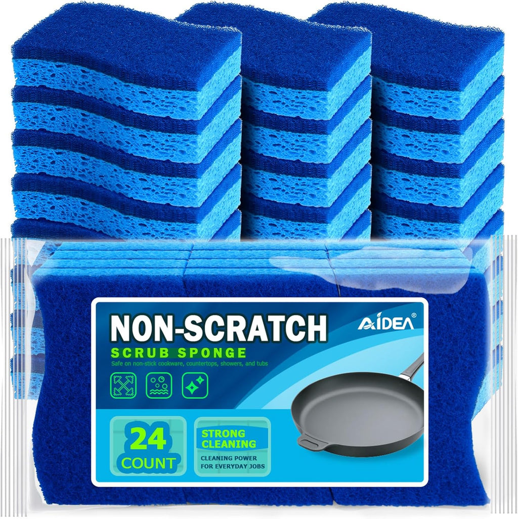 AIDEA Non Scratch Scrub Sponge, 24Count, Sponges for Dishes, Sponges Kitchen, Cleaning Sponge, Cleans Fast Without Scratching, Stands Up to Stuck-on Grime, Cleaning Power for Everyday Jobs