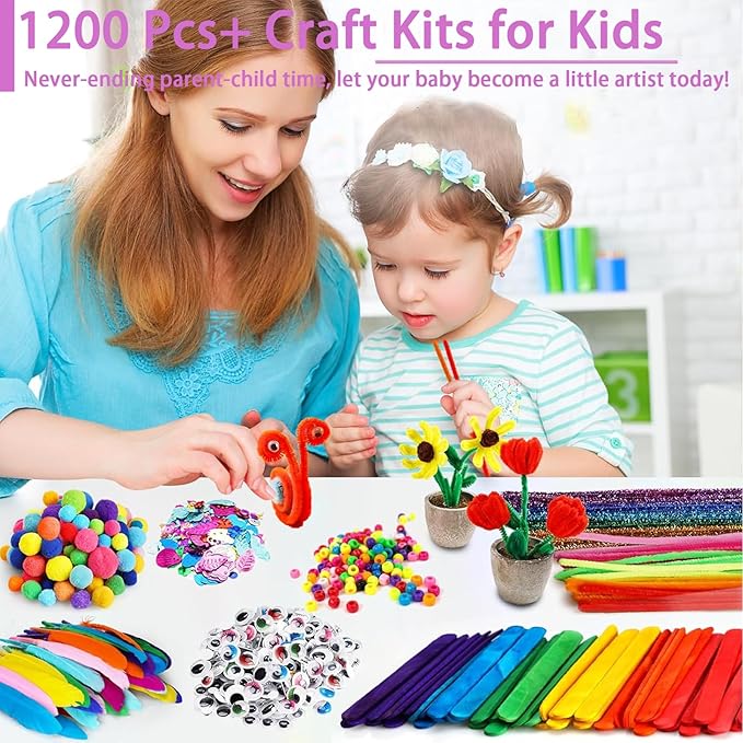 FUNZBO 1200pcs+ Arts & Crafts Supplies for Kids- Craft Kits with Pipe Cleaners, Pom Poms for Crafts, Popsicle Sticks for Craft, Craft for Kids Ages 4-8 Girls & Boys Birathday Gifts