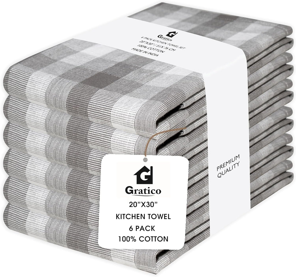 Kitchen Towels Set of 6 Grey/White Checks 20x30 Inches 100% Cotton Highly Absorbent Kitchen Towels