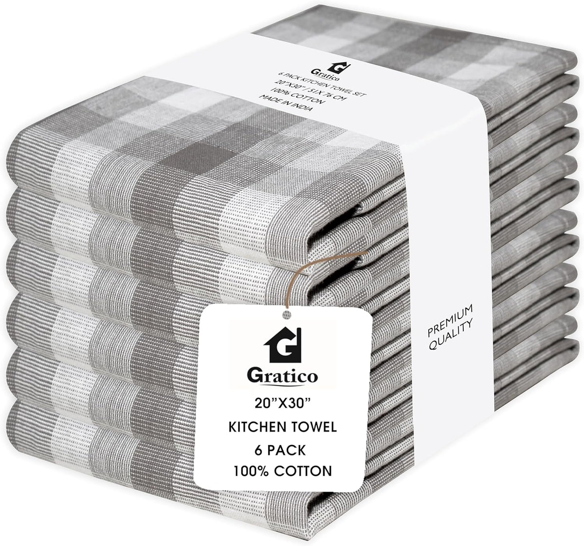 Kitchen Towels Set of 6 Grey/White Checks 20x30 Inches 100% Cotton Highly Absorbent Kitchen Towels