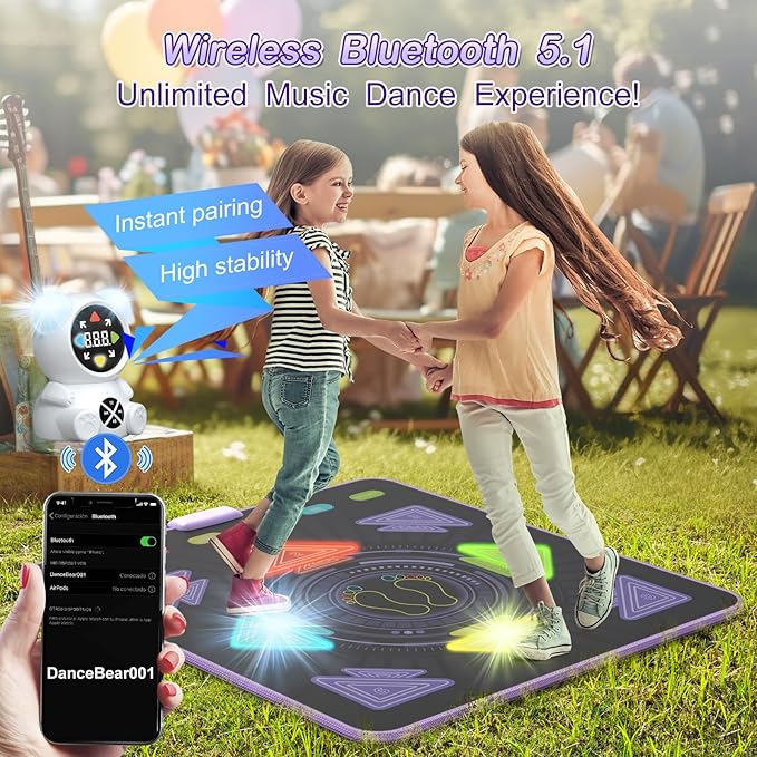 Dance Mat for Kids, Rechargeable Dance Mats for Girls and Boys, Light-up Dancing pad Game with Wireless Bluetooth, Christmas Birthday Gifts Ideas for 3 4 5 6 7 8 9 10 11 12 Year Old Kids