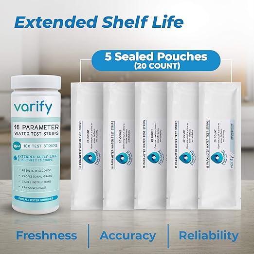 Varify 17in1 Complete Drinking Water Test Kit - 100 Strips + 2 Bacteria Tester Kits - Well, Tap, Home, City Water Testing Strip for Lead, Alkaline, Chlorine, Hardness, Iron, Fluoride, Copper & More