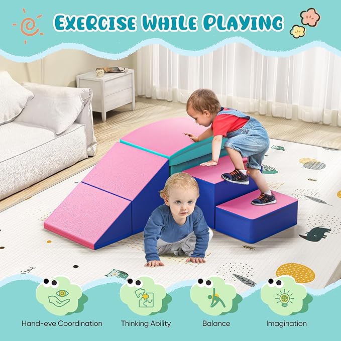 Lischwert Foam Climbing Blocks for Toddlers, Toddler Climbing Toys Indoor with Slide Stairs and Ramp Soft Play Climbing for Toddlers, 6 Pieces