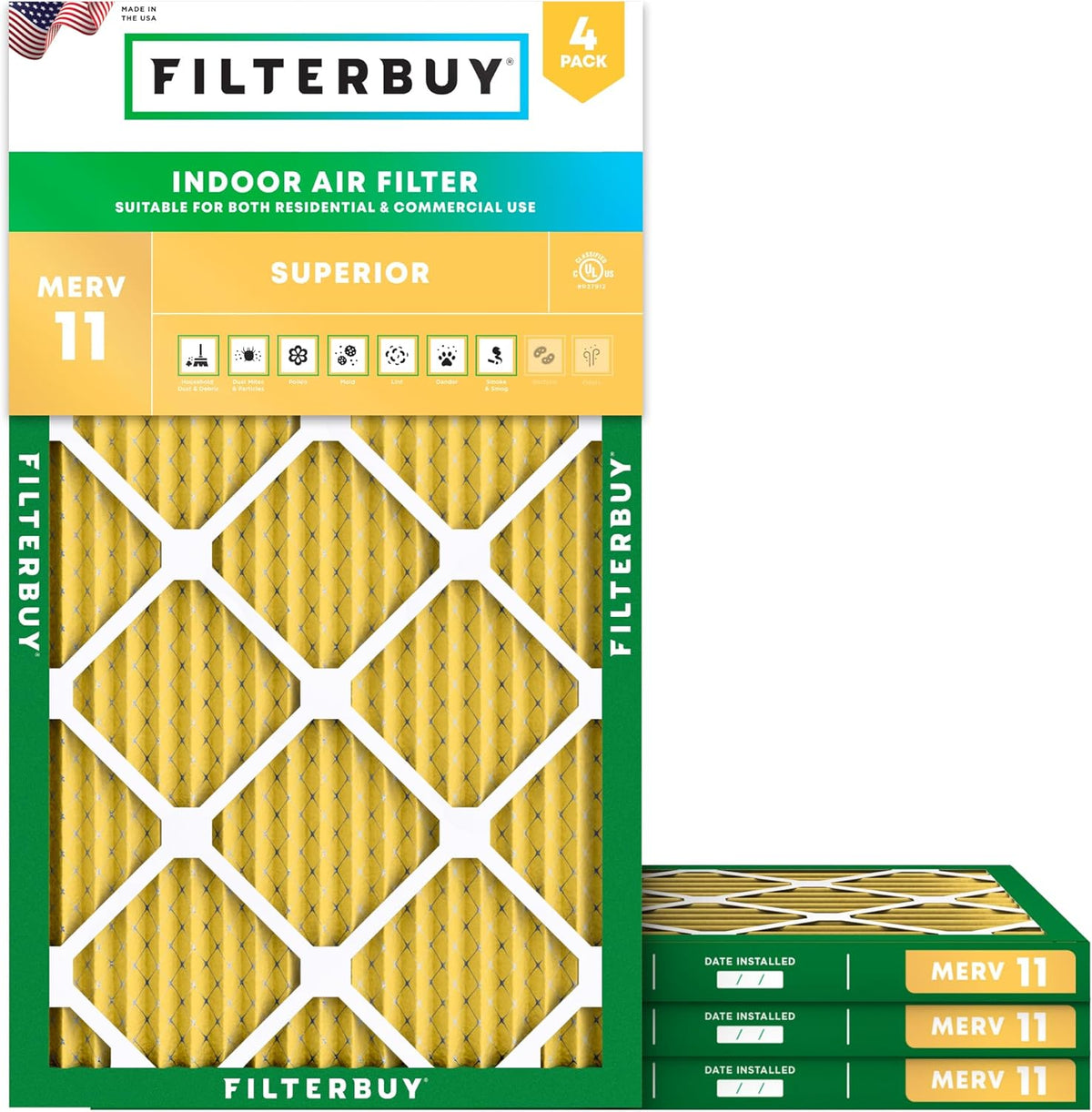 Filterbuy 13x21.5x1 Air Filter MERV 11 (MPR 1200) Allergen Defense Replacement (4-Pack), Electrostatic Pleated HVAC AC Furnace Filters, Made in USA (Actual Size: 12.88 x 21.50 x 0.75)