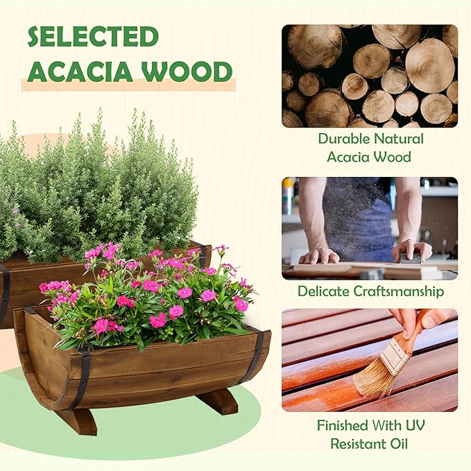 IDZO Solid Acacia Wood Half Barrel Planters Outdoor Set of 2 Different Sizes, Wooden Planters for Outdoor Plants with Metal Bands & Drainage Holes, Legs Included, Brown