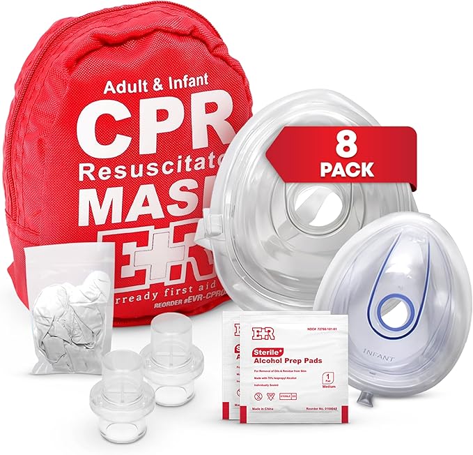 Adult and Infant CPR Mask Combo Kit – 8-Pack – 16 Valves, 8 Gloves, 16 Alcohol Pads – Emergency Resuscitation Kit for First Responders