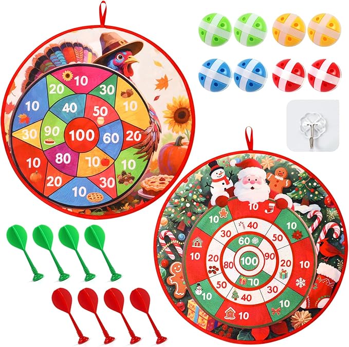 Thanksgiving Games: 29" Turkey Dart Board with PE Sticky Balls for Kids | Double-Sided Christmas Santa Toss Games for Family Party | Indoor & Outdoor Darts Set, 8 Polyethylene Balls & Darts