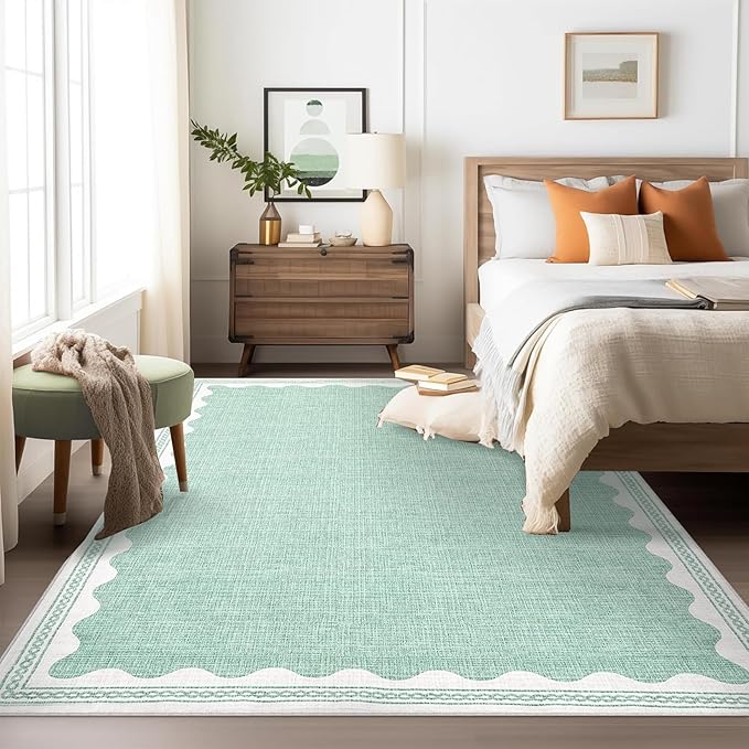 Scalloped Washable Rugs for Living Room, Solid Green 6x9 Area Rugs for Bedroom Girls, Non Slip Scalloped Rug with Rubber Back, Soft Dorm Nursery 6x9 Rugs for Dining Room