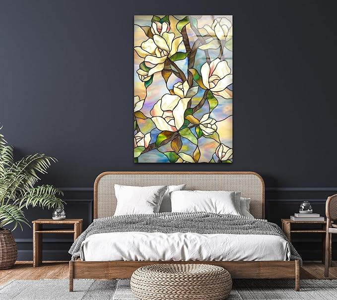 My Photostation.com 18Wx28H'' Stained Magnolia Glass Wall Art Tempered Glass Printing Wall Decor Large Wall Art Wall Hangings