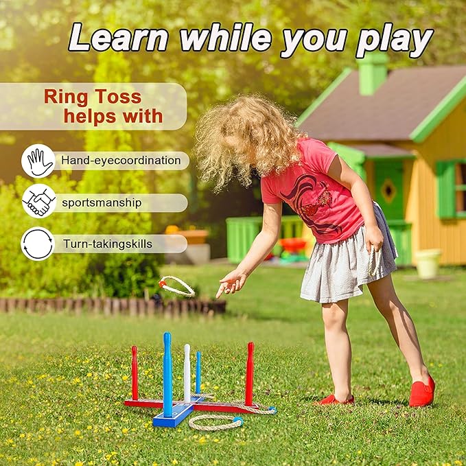 Premium Wooden Ring Toss Game Set - Win SPORTS Throwing Game Indoor Outdoor Games for Kids & Adults,Includes Wood Base,Fun Family or Friends Game