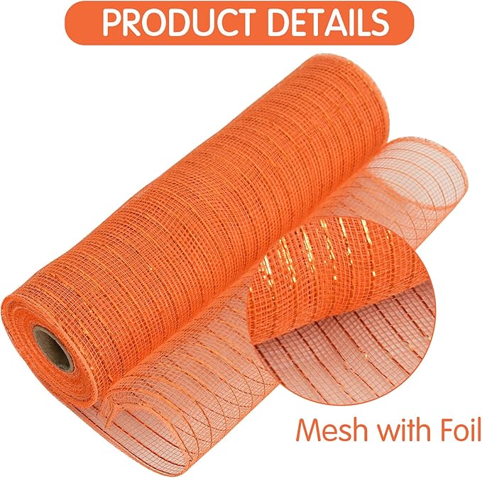 TONIFUL 10 Inch 3 Rolls Khaki/Orange/Green Decorative Mesh Ribbons, Fabric Mesh with Foil for Tree Home Front Door Wreaths Decorations Supplies, for Thanksgiving Fall（3 Colors, 10yards/ roll）