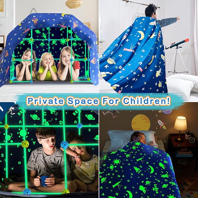 160PCS Kids Fort Building Kit Glow in the Dark Build a Fort with Blanket STEM Educational Toys for 4 5 6 7 8 9 10 11 12 Years Boys Girls Ultimate Construction Gift DIY Forts Builder Set Indoor Outdoor
