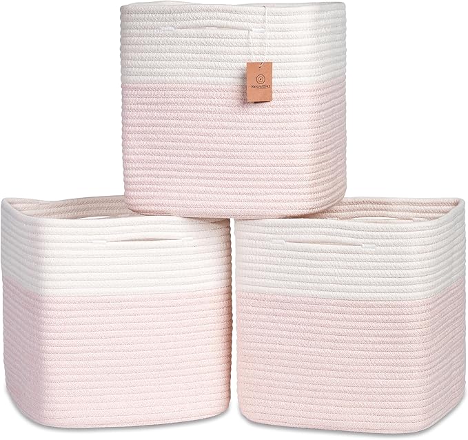 NaturalCozy 13 Inch Cube Storage Bins Cotton Rope Woven Baskets for Organizing 3-Pack | 13 x 13 Storage Cubes | Fabric Square Storage Baskets for Shelves Organizer, Kids Toy Bins, Closet Baby Nursery