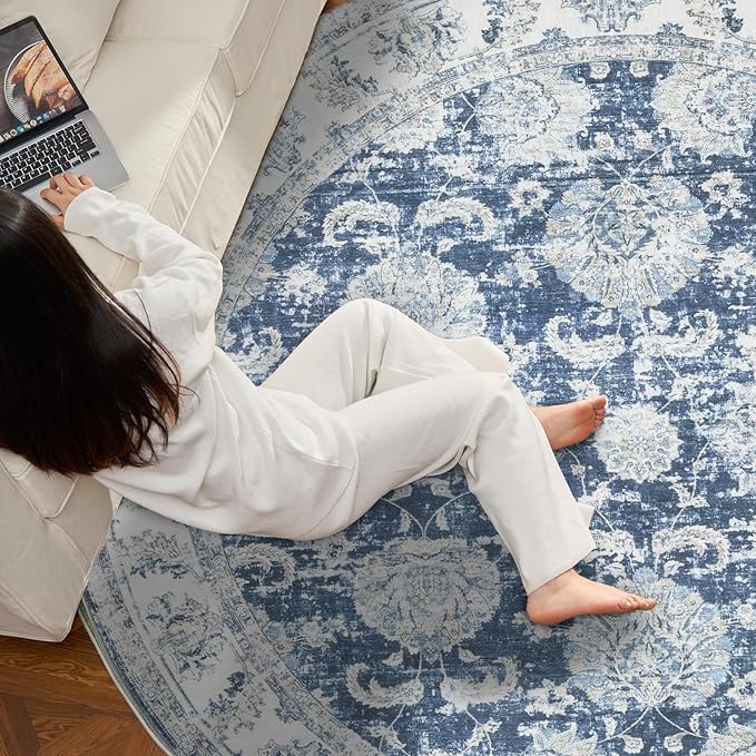 jinchan Round Rug 8ft Area Rug - Dark Blue Vintage Floor Mat Kitchen Indoor Ultra-Thin Soft Floral Print - Washable Circle 8' Retro Accent for Farmhouse Non Slip Dining Room Living Room Bedroom Office