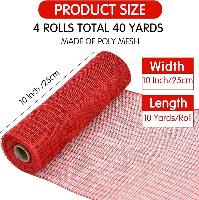 TONIFUL 4 Roll 10 Inch Red White Green Gold Decorative Mesh Ribbon Rolls, Fabric Mesh with Foil for Wreaths Front Door Decor Christmas Festival Party Accessories Party Decoration Supplies (10yds/roll
