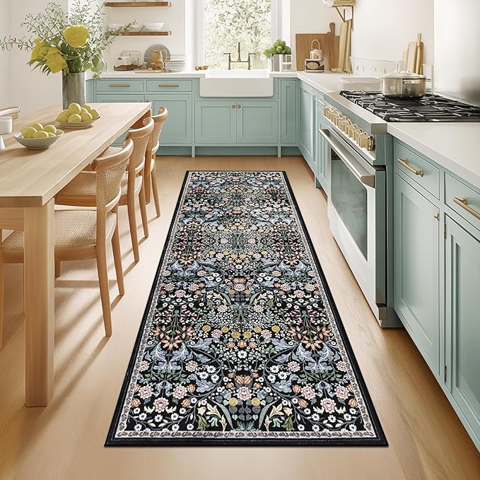 Runner Rug for Entryway: 2x10 Kitchen Rugs Non Slip Washable Ultra Soft Floral Carpet Indoor Stain Resistant Carpets for Hallway Bedroom Kitchen Laundry Bathroom Dorm Dark Black