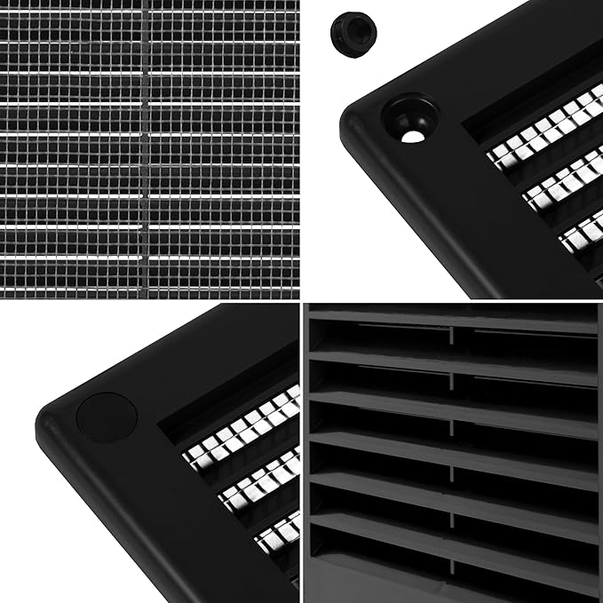 Repa Market 6 x 6 Inch (Outer) Black Square Air Vent Cover - Pack of 2 Plastic Fresh Air Intake Vent - AC Cover with Nylon Mesh Screen, Wall, Ceiling HVAC Return Air Register, Modern Soffit Vents