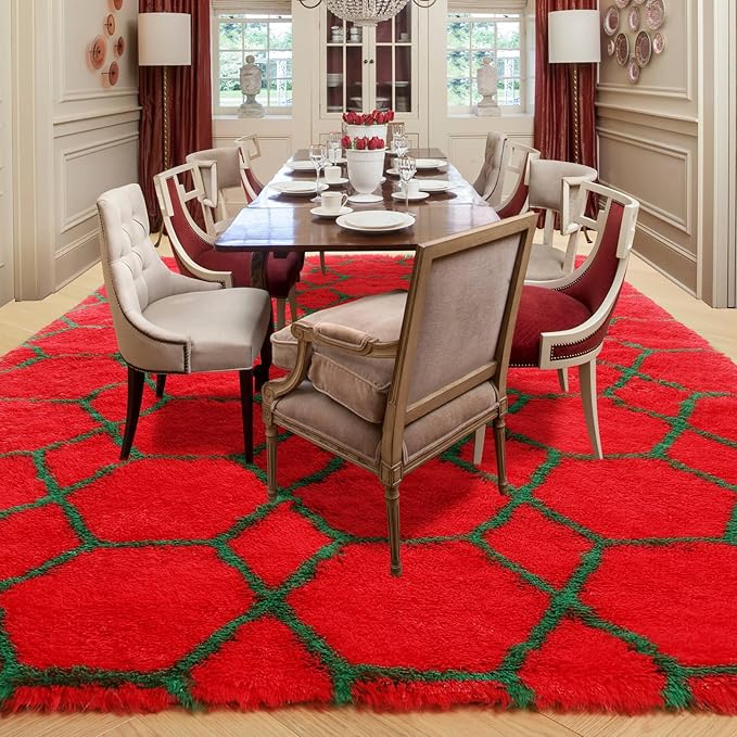 ONASAR 6x9 Area Rugs for Living Room, Large Fluffy Red and Dark Green Bedroom Rug, Geometric Boho Soft Shaggy Plush Floor Carpet for Kids Girls Teen Nursery Dorm Christmas Home Decor Aesthetic