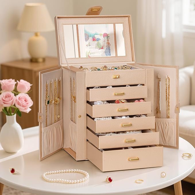 AKOZLIN 6-Tier Jewelry Box Organizer Functional 5 Drawers Leather Jewelry Storage Case for Women Girls Ring Necklace Earring Bracelet Holder Organizer with Mirror Champagne