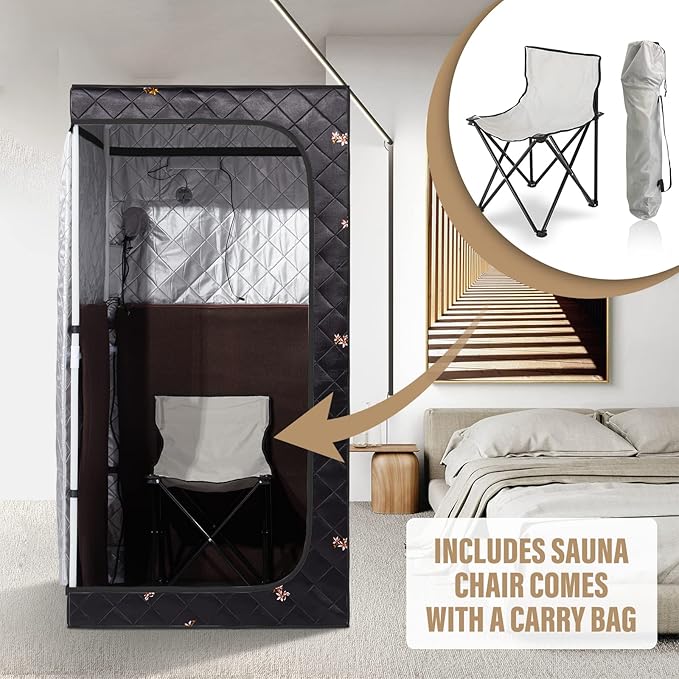 Smartmak Full Size Portable Home Sauna Kit, 1 Person Far Infrared Sauna, Full Body Sauna Tent for Relaxation, with Timer & Temperature Remote Control, Foot Heating Pad,Upgraded Folding Chair - Black