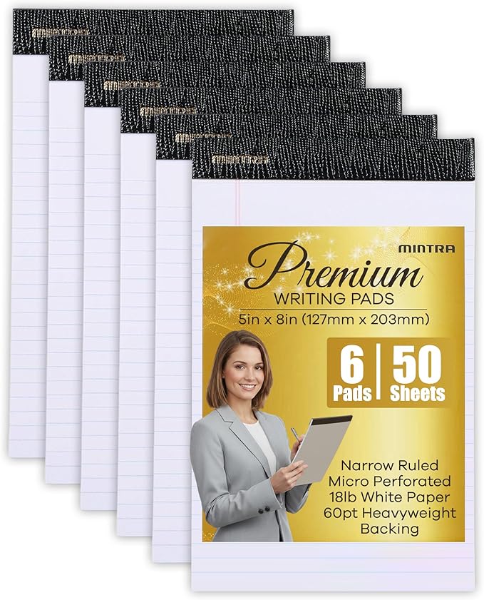 Mintra Office Legal Pads - ((PREMIUM WHITE 6pk, 5in x 8in, NARROW RULED))