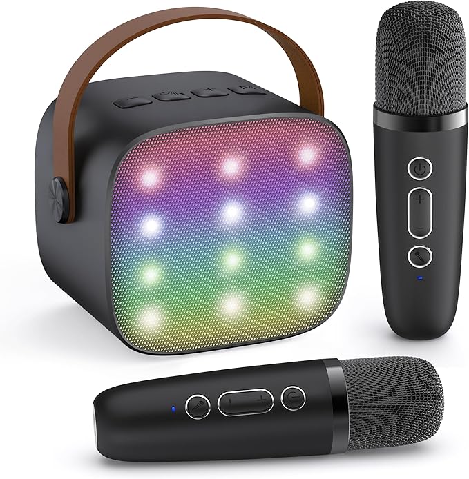 YLL Mini Karaoke Machine with 2 Wireless Microphones for Kids Adults, Portable Bluetooth Speaker, Popular Gift for 3, 4, 5, 6, 7, 8, 9, 10, 11, 12, 13+ Years Old Teens Birthday for Boys Home(Black)